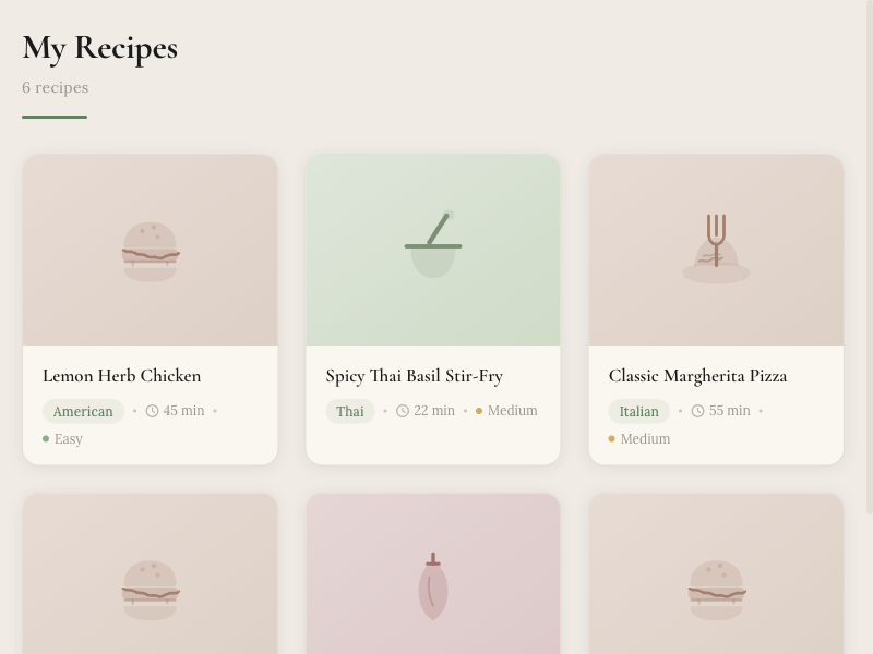 RecipeBook recipe grid showing a collection of recipe cards organized in a visual grid with cuisine tags, cook times, and difficulty ratings