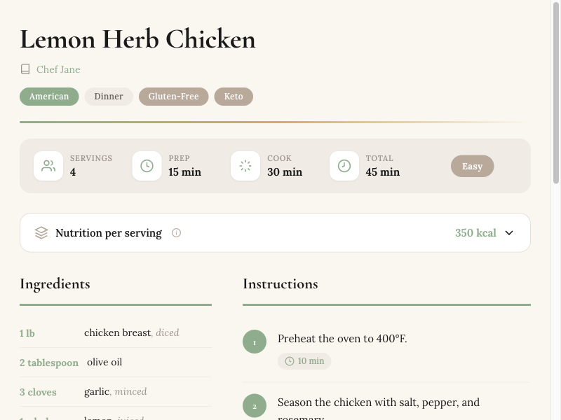 RecipeBook recipe view showing Lemon Herb Chicken with ingredients, step-by-step instructions, nutrition info, and cooking times