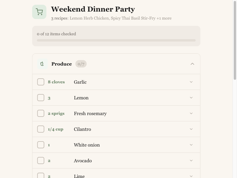RecipeBook shopping list showing ingredients grouped by store section with checkboxes for a Weekend Dinner Party